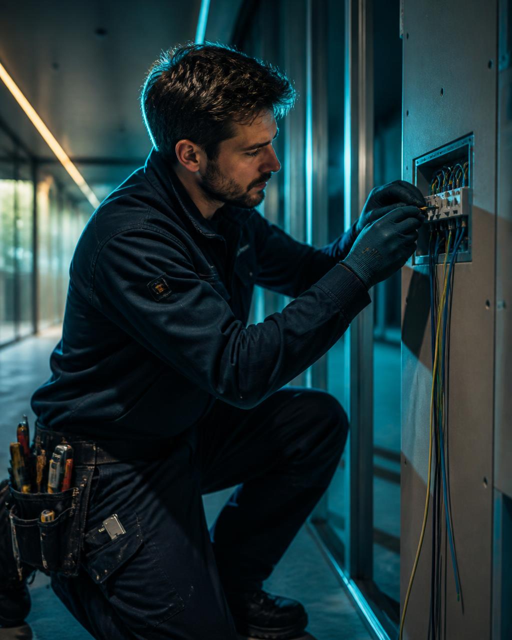 Électricien MF Company en train d'installer un tableau électrique dans un bâtiment moderne