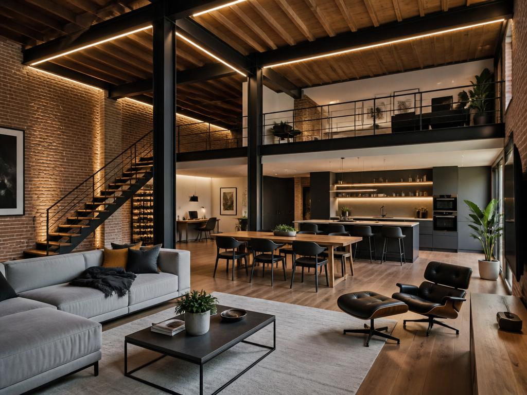 Loft rénové avec éclairage intelligent et poutres apparentes