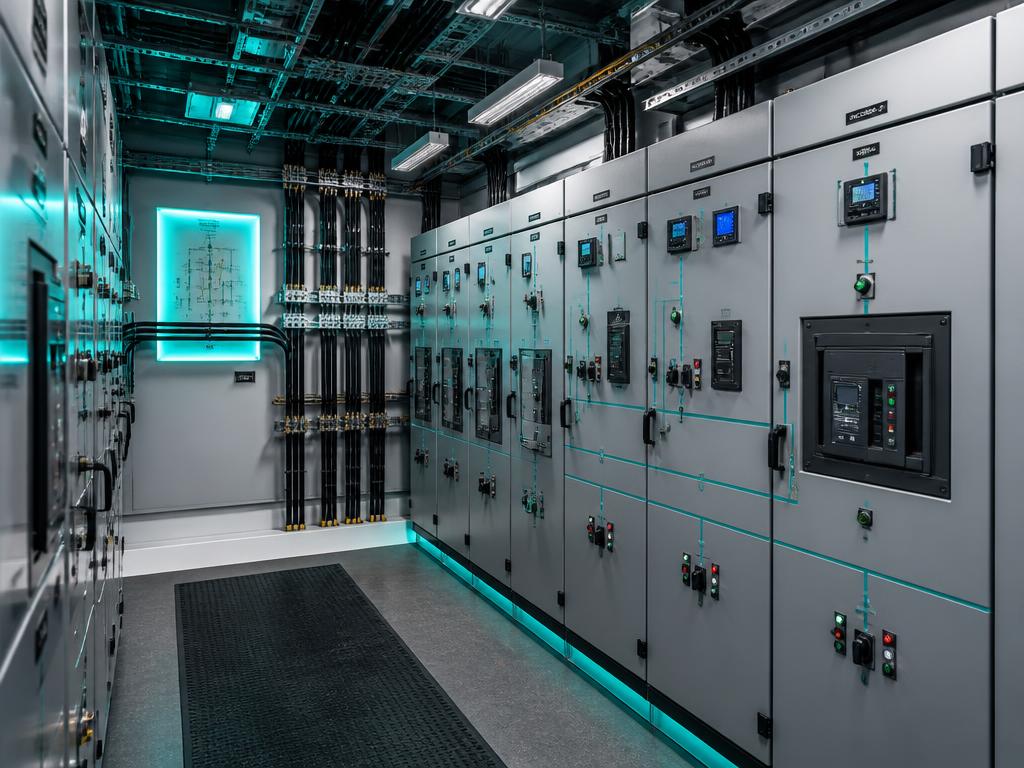 Salle de tableaux électriques industriels avec câblage soigné et éclairage teal