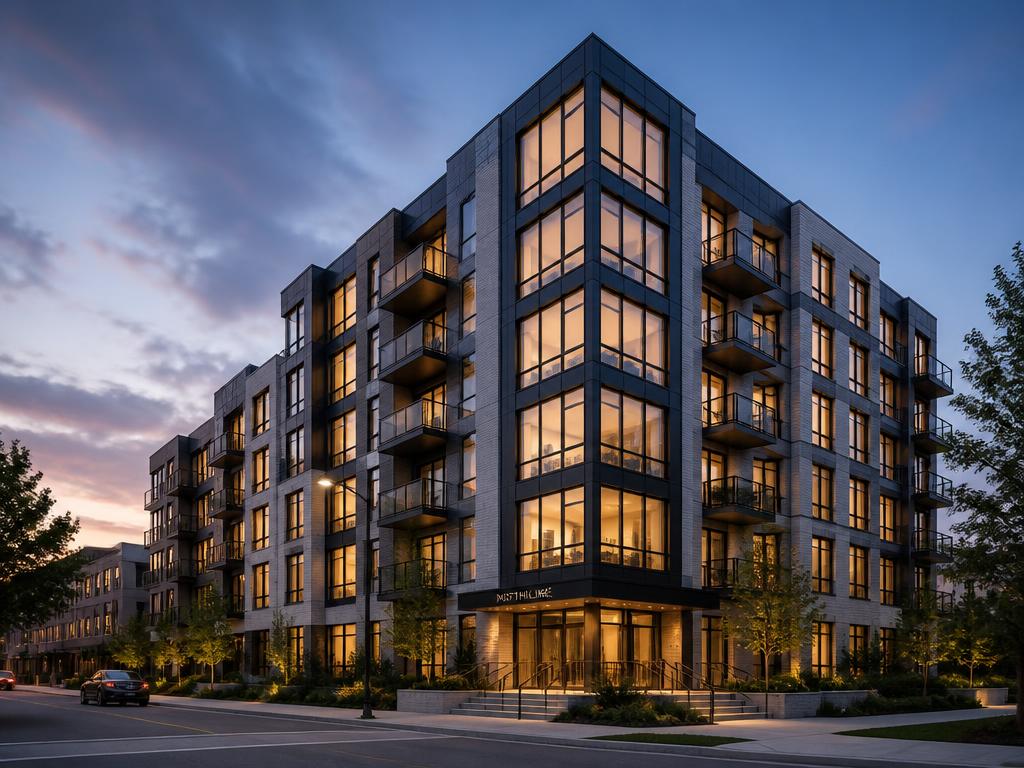 Immeuble résidentiel moderne au crépuscule avec éclairage intérieur chaleureux
